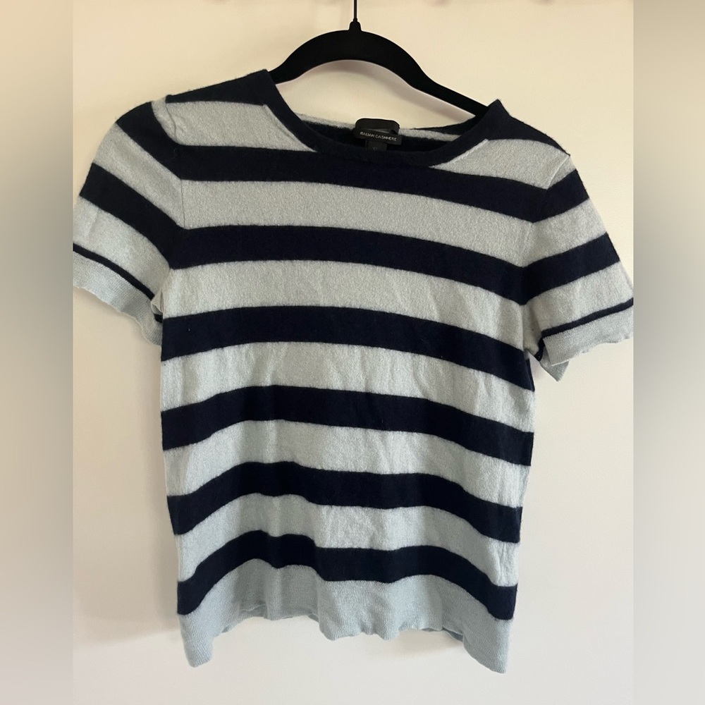 JCrew 100% cashmere blue and navy striped top size XL but shrunk to XS